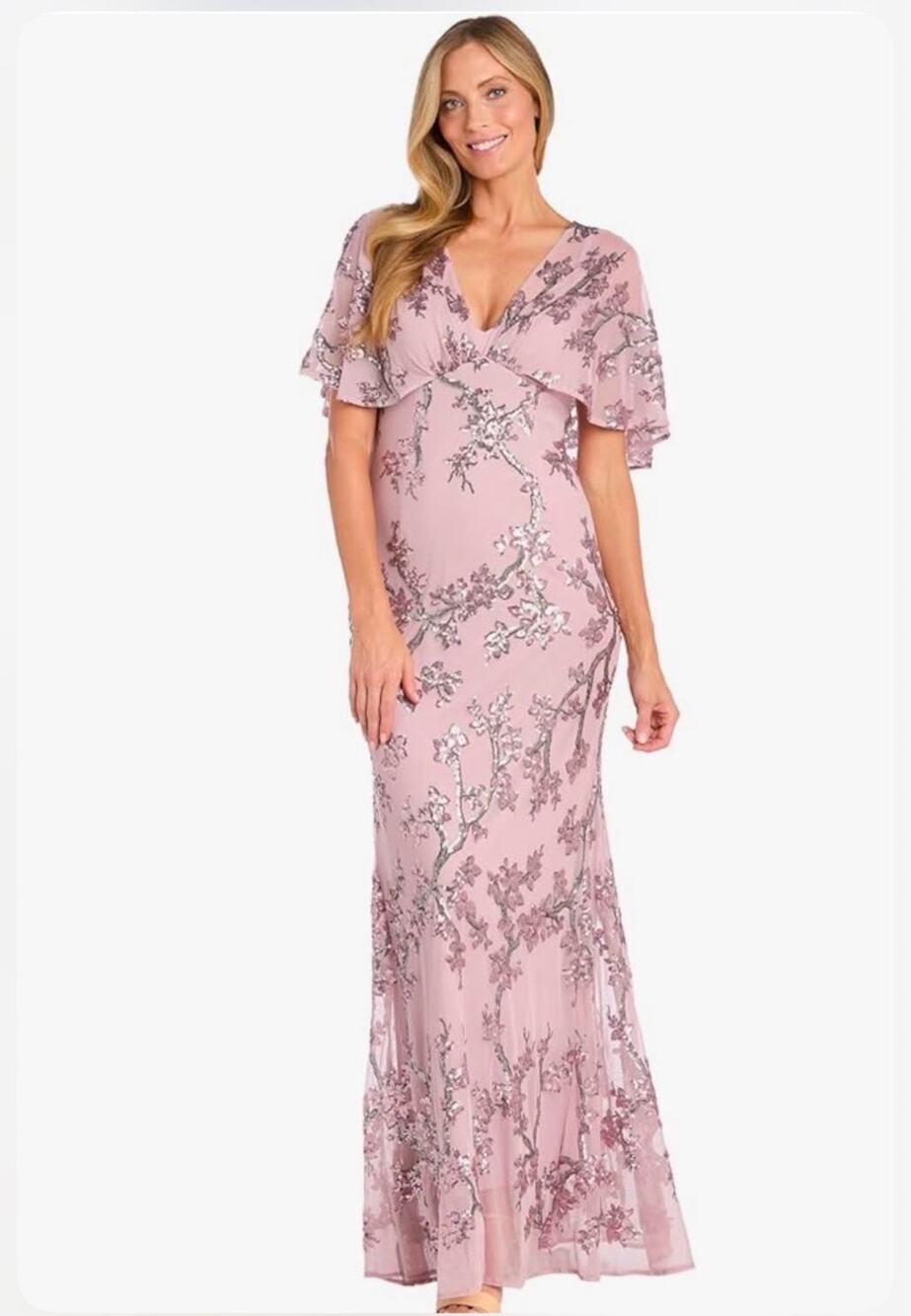 R&M Richards Beaded Floral Sheer Capelet Bodice Flutter Sleeve Evening Gown-Rose